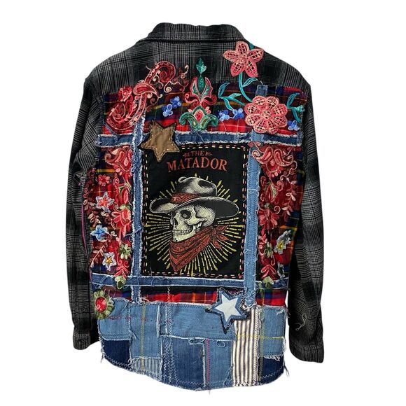 Upcycled Flannel Shirt Shacket Womens Large Skull Cowboy Jacket Grunge Patchwork - Picture 12 of 15